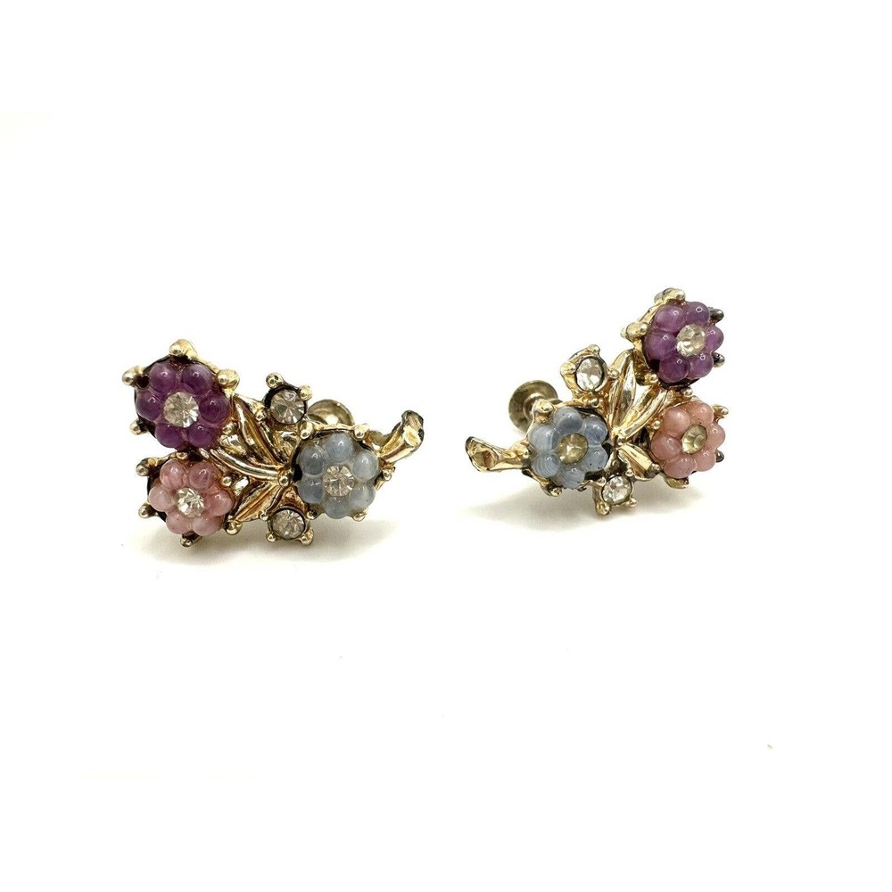 Beautiful Multicolor Flowers & Rhinestone Clip-On Earrings